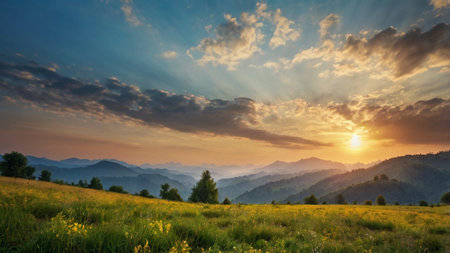Sunset in the mountains. Beautiful summer landscape. Carpathian, Ukraine.の写真素材