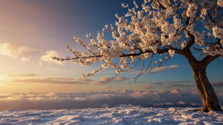 Beautiful cherry blossoms in winter at sunset. Nature background.