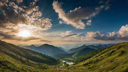 Panoramic view of the mountain valley at sunset. Carpathians, Ukraine