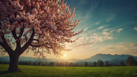 Beautiful cherry blossom tree at sunset. Spring landscape with flowersの写真素材