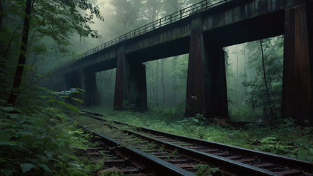 Railway bridge in the misty forest. Foggy morning.
