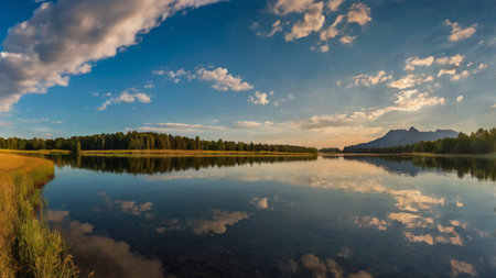 Lake in the mountains. Panoramic view of the lake.