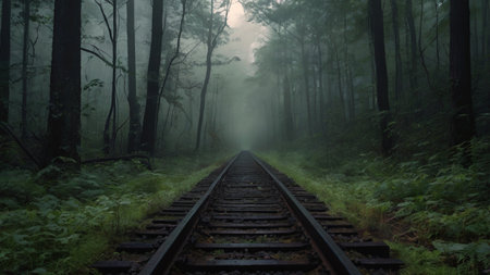 Railway in the foggy forest in the morning, Thailand.の写真素材
