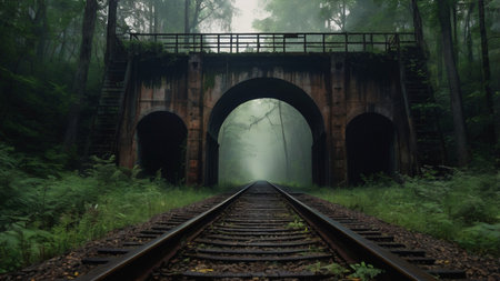 Railway bridge in a foggy forest. 3D rendering.の写真素材