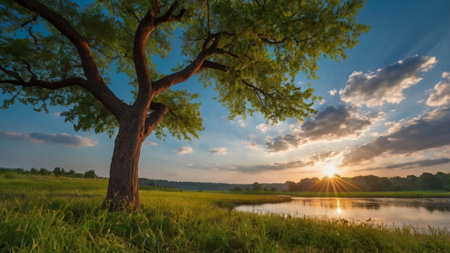 Beautiful summer landscape with a lake and a tree at sunset.