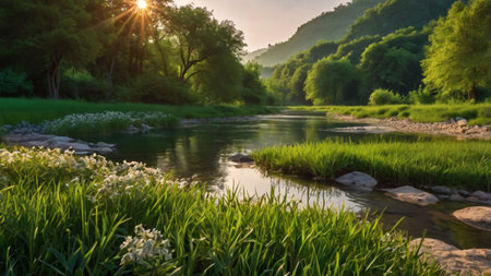 Beautiful summer landscape with river and green forest at sunset. Nature backgroundの写真素材