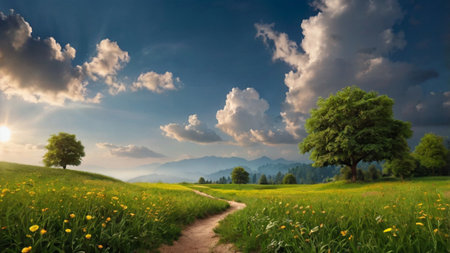 Beautiful summer landscape with meadow and trees, panoramic view