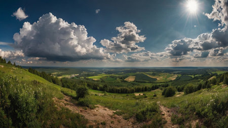 Panoramic view of the green hills under the blue sky with clouds