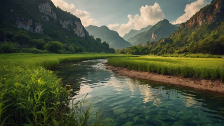 Beautiful landscape with mountain river and green meadow at sunset.の写真素材