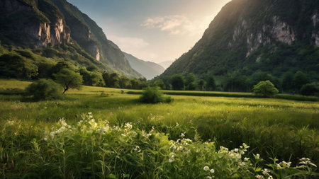Beautiful summer landscape with green meadow and mountains in the backgroundの写真素材