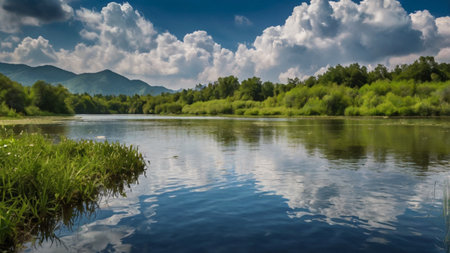 beautiful summer landscape on the river bank and blue sky with clouds