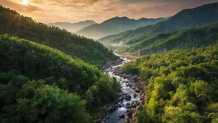 Aerial view of the mountain river in the morning. Beautiful nature landscape.の写真素材