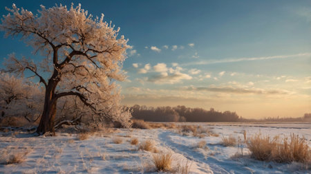 Beautiful winter landscape with trees in hoarfrost on a sunny dayの写真素材