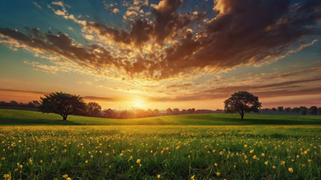 Sunset over a field of yellow flowers and trees in the backgroundの写真素材