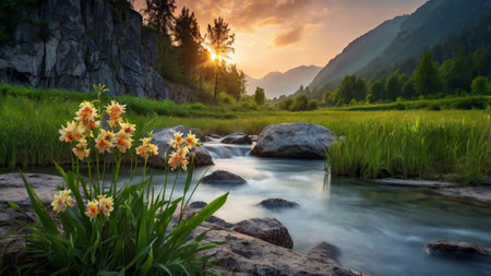 Beautiful spring landscape with a mountain river and yellow daffodils