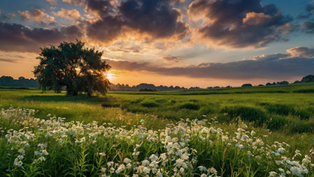 Sunset over a meadow with white flowers and a tree in the backgroundの写真素材