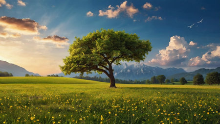 Single tree in a meadow with yellow flowers and mountains in the background