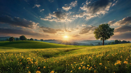 Sunset over the meadow with yellow flowers and a lonely tree