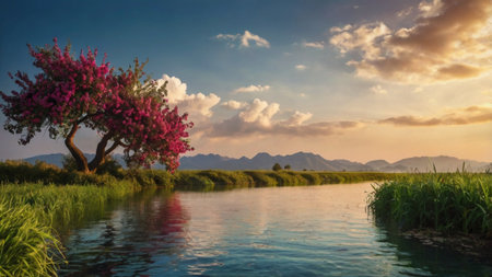 Beautiful landscape with bougainvillea flowers on the river.