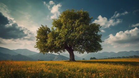 Lonely tree in a meadow with yellow flowers and mountains in the backgroundの写真素材
