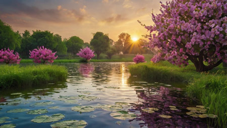 Beautiful spring landscape with blooming trees and lake at sunset.の写真素材