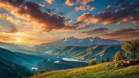 Panoramic view of Dolomites mountains at sunset, Italyの写真素材