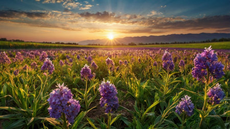 Sunset over a field of purple hyacinths and mountains in the backgroundの写真素材