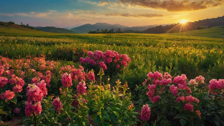 Peach flower field in the morning at Doi Ang Khang, Chiang Mai, Thailand