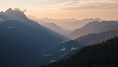Sunrise in the mountains with fog and clouds in the valley.の写真素材