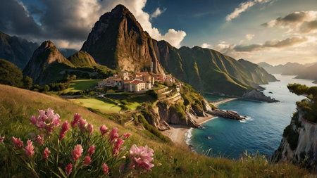 Panoramic view of Monterosso al Mare at sunrise, Italy