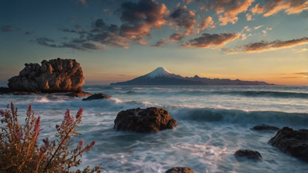Mt.Fuji and the sea at sunset, Yamanashi, Japanの写真素材