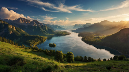 panoramic view of alpine lake and mountains at sunset.の写真素材
