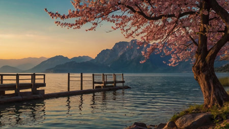 Cherry blossoms in full bloom at Lake Garda, Italyの写真素材