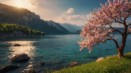 Beautiful spring landscape with blooming sakura tree on the shore of Lake Garda, Italyの写真素材
