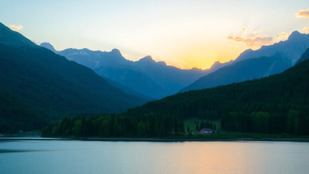 Panoramic view of the lake Obersee at sunset, Austriaの写真素材