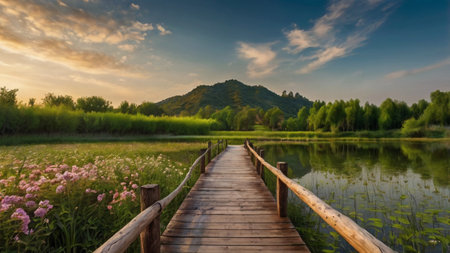 Wooden bridge over the lake with beautiful sky and mountain background.の写真素材