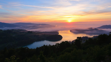 Foggy sunrise over a lake in the Carpathian Mountainsの写真素材
