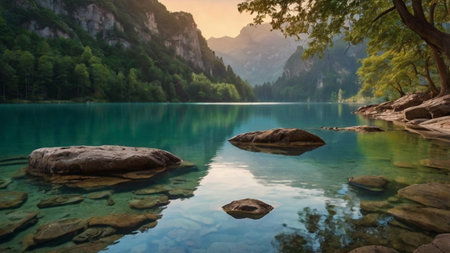 Beautiful view of alpine lake in the morning, Slovenia.