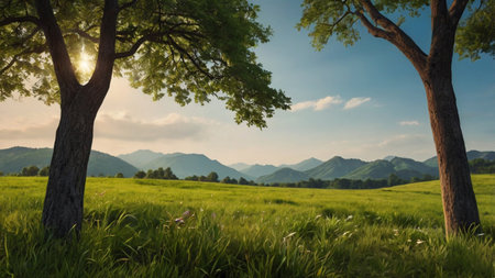 Beautiful summer landscape with green meadow, trees and mountains.の写真素材