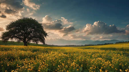 Sunset over a meadow with yellow flowers and a big tree