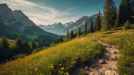 panoramic view of alpine meadow and mountains in summerの写真素材