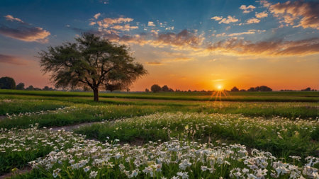 Daffodils in a field at sunset in spring, Hollandの写真素材