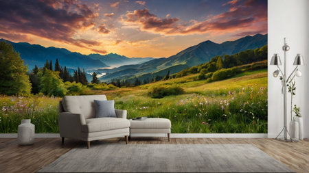 Composite image of living room with armchair against beautiful landscape