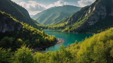 Beautiful view of the turquoise lake in Caucasus mountains.の写真素材