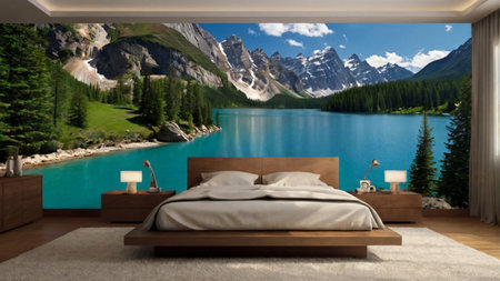 3d rendering of a modern bedroom with mountains and lake in the backgroundの写真素材