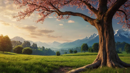 Beautiful spring landscape with blooming cherry tree and mountains at sunset