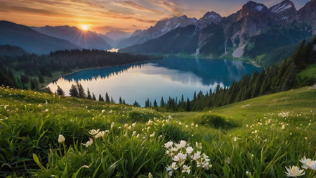 Beautiful alpine meadow with daffodils at sunriseの写真素材