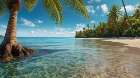tropical beach with palm trees and turquoise water 3d renderの写真素材