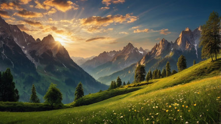 Panoramic view of the Dolomites at sunrise. Italyの写真素材
