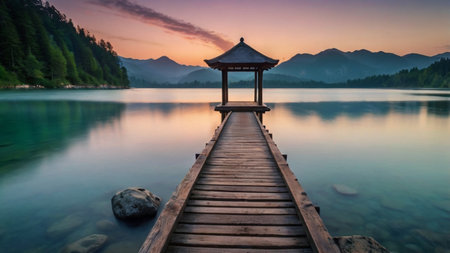 Wooden pier on the lake at sunset in Dolomites, Italyの写真素材